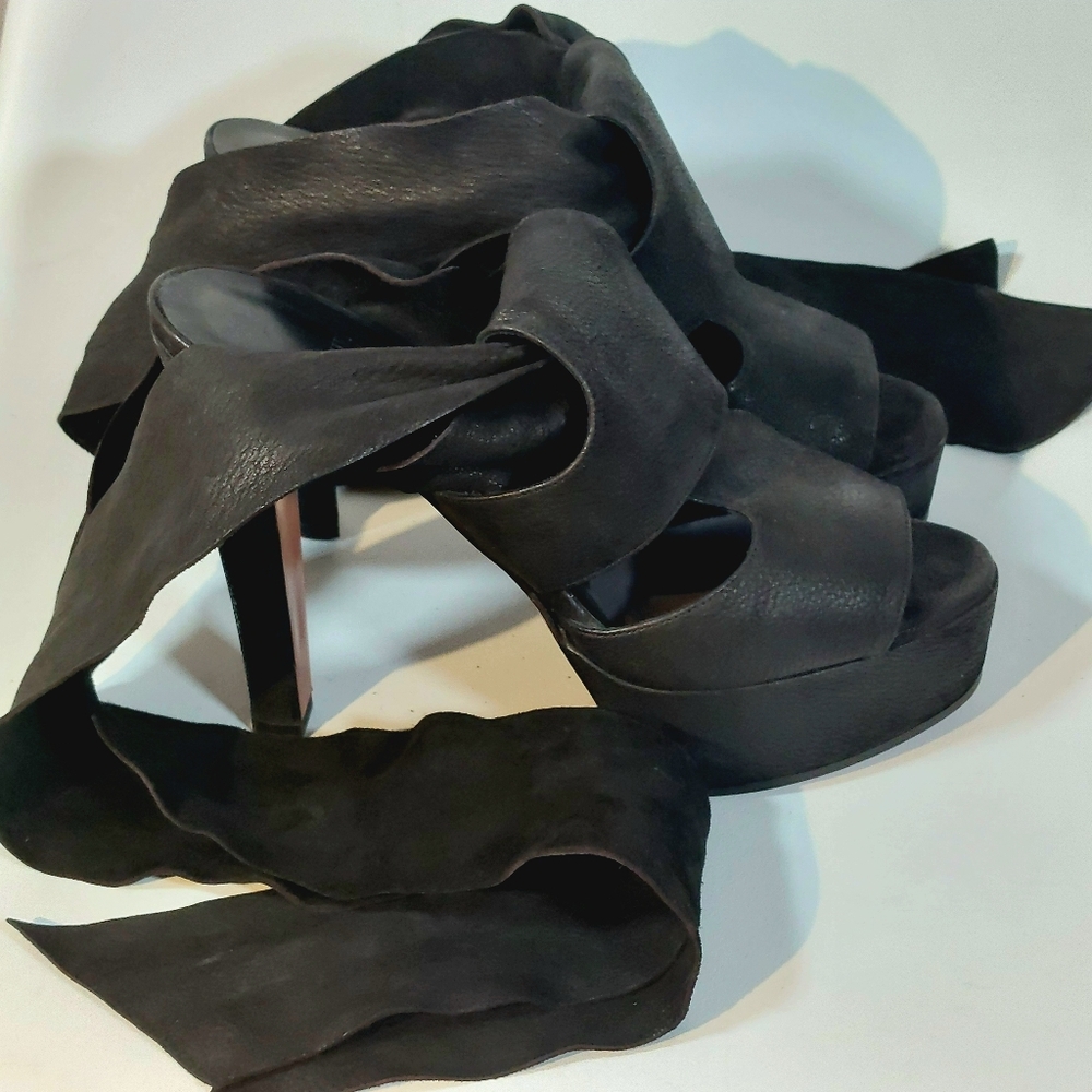 Michel Perry black leather ankle wrap stiletto platform sandals, EU40, EUC